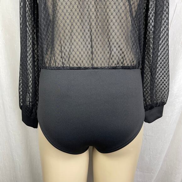 💋 Black Sheer Lattice Crosshatch Lace Bodysuit Long Sleeves Key Hole Forever 21 - Picture 12 of 16